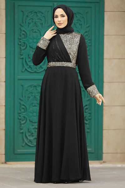 Neva Style Rochie de seara cu hijab - Rochie de seara hijab aurie brodata cu paiete 5793aur