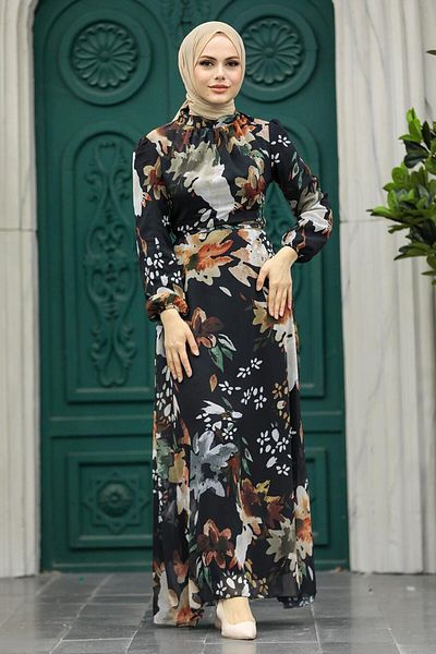 Neva Style - Rochie Hijab Neagră cu Motiv Floral 27942s