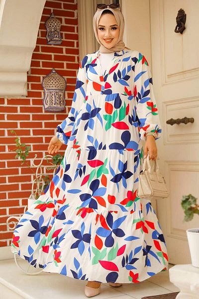 Neva Style Rochie Hijab Ecru cu Motive 35104E
