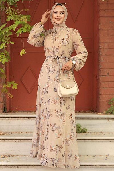 Neva Style - Rochie Hijab Bej cu Motiv Floral 279061 bej
