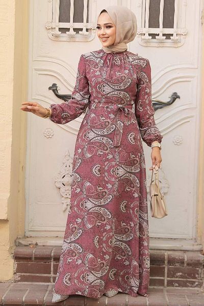 Neva Style Floral Patterned Dusty Rose Hijab Dress 279081 Gk