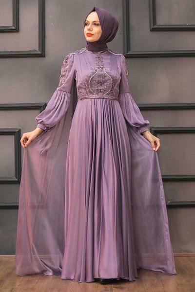 Neva Style Lilac Hijab Evening Dress with Cape 2212Lıla