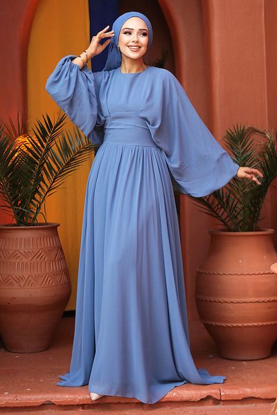 Neva Style Βραδινό φόρεμα με μπαλόνι μανίκι Indigo Blue Hijab 60681ım