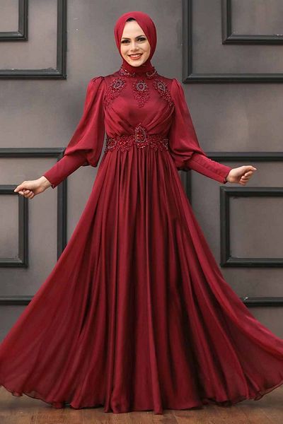 Neva Style Rochie de seara cu hijab - Rochie de seara hijab burgundy brodata cu margele 22101br