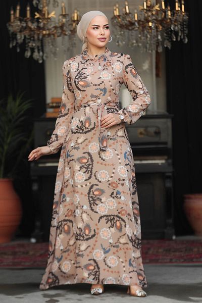 Neva Style Φόρεμα Hijab Mink με σχέδιο λουλουδιών 279326v