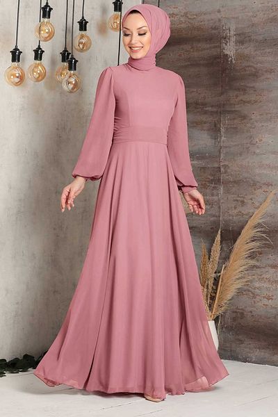 Neva Style Μπαλόνι μανίκι Dusty Rose Hijab Βραδινό Φόρεμα 5470gk