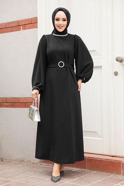 Neva Style Rochie de seară hijab neagră cu centură 30031s