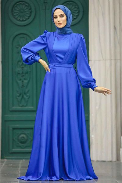 Neva Style Drape Detailed Sax Blue Hijab Satin Evening Dress 40621Sx
