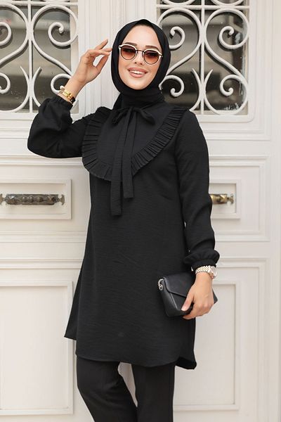 Neva Style Tunica neagra hijab cu detaliu cu volane 6682S
