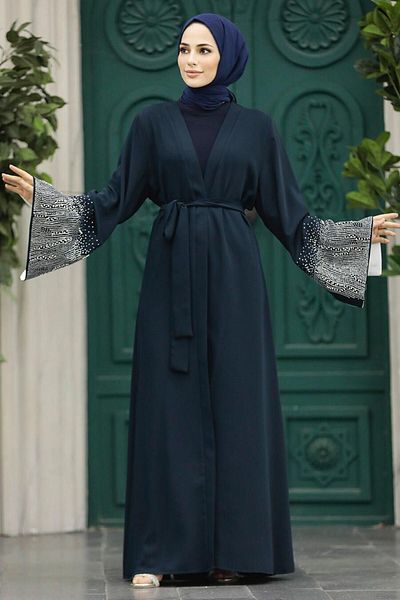 Neva Style Belted Navy Blue Hijab Abaya 601800L