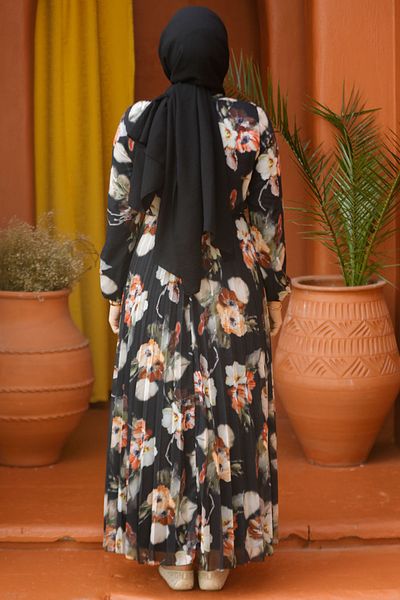 Neva Style - Rochie musulmană neagră cu model floral 50191s