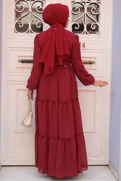 Neva Style Rochie Hijab Burgundy plisată în straturi 57250br