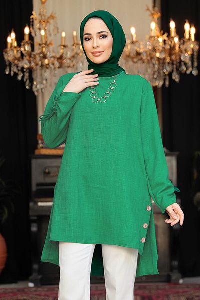 Neva Style تونيك حجاب أخضر فاتح مزين بأزرار 41281AY