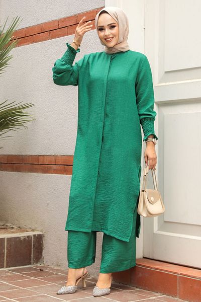 Neva Style طقم حجاب أخضر بأزرار مزدوجة - 12591Y