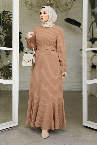 Neva Style Striped Biscuit Hijab Dress 51911BS