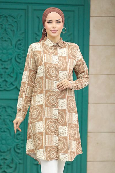 Neva Style تونيك فيسكوز حجاب بني منقوش 11664kh