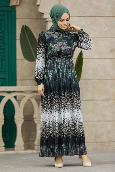 Neva Style - Rochie Hijab Verde Petrol cu ​​Model Leopard 3878py