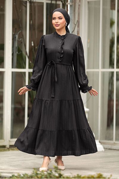 Neva Style - Rochie Hijab neagră cu pliuri 617s