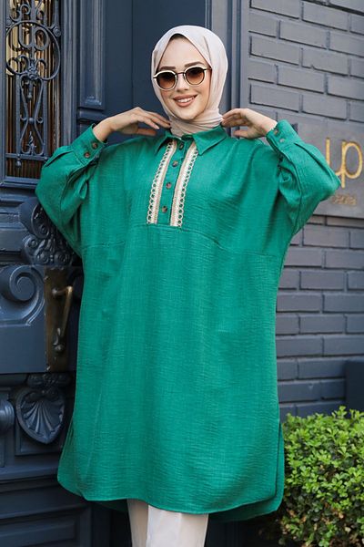 Neva Style تونيك حجاب أخضر بأزرار 663y