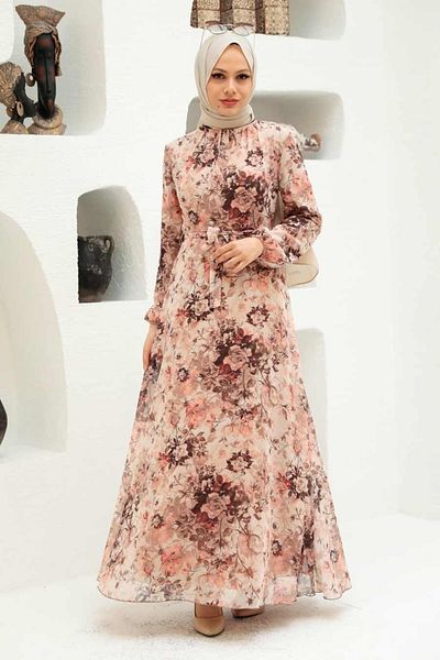 Neva Style - Rochie Hijab Bej cu Motiv Floral 279053 bej
