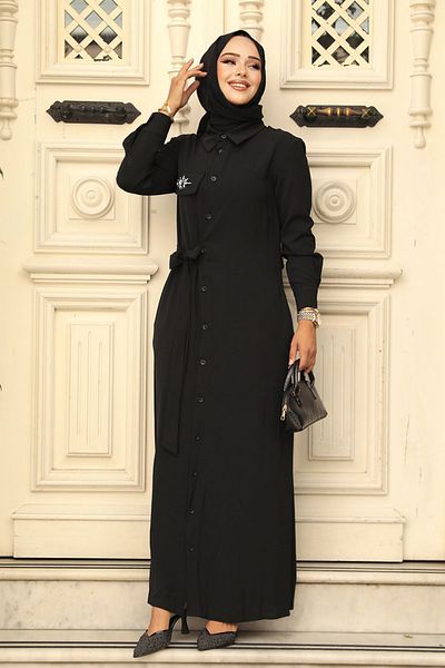 Neva Style Rochie Hijab Neagra - Nasturi, Model 12504S