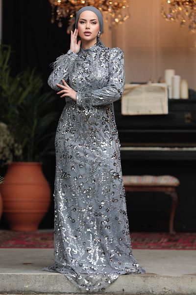 Neva Style Beaded Gray Hijab Evening Dress 23421Gr