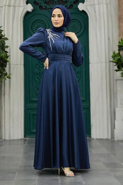 Neva Style Βραδινό φόρεμα Satin Navy Blue Hijab 22301l