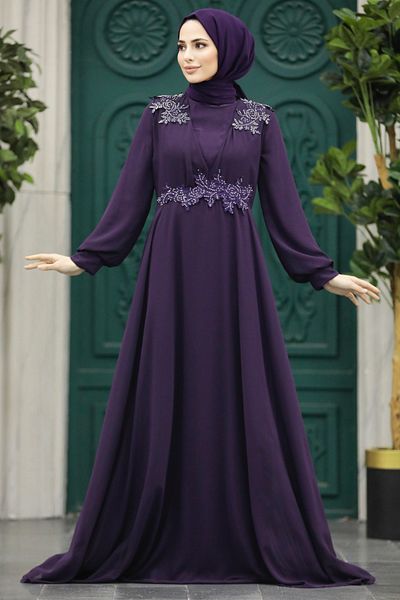 Neva Style Rochie de seara cu hijab - Rochie de seara musulmana prune cu margele 22113mu