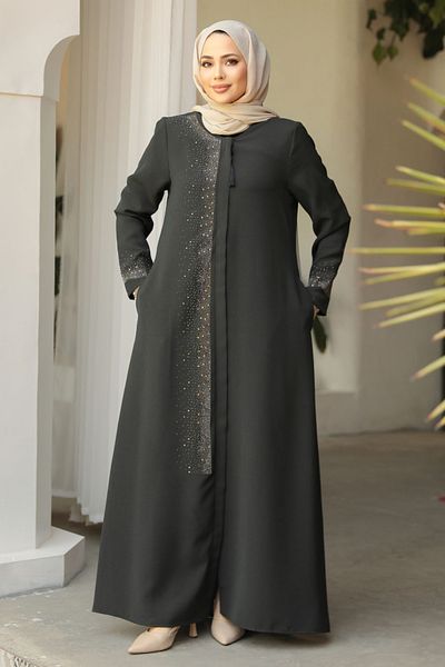 Neva Style Abaya Hijab cu mărgele verde petrol închis - 26331KPY