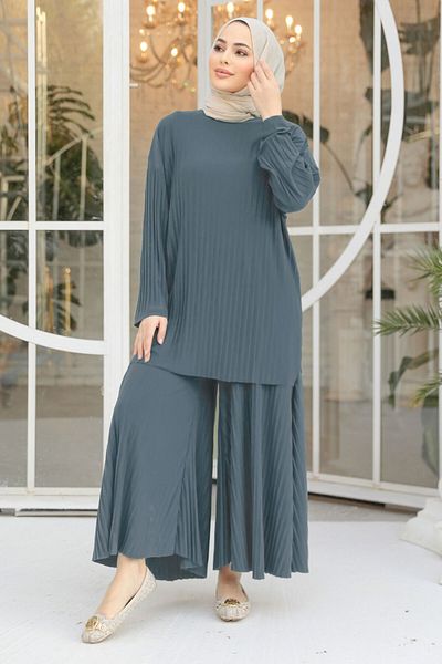 Neva Style Costum dublu plisat cu hijab albastru - 12107M