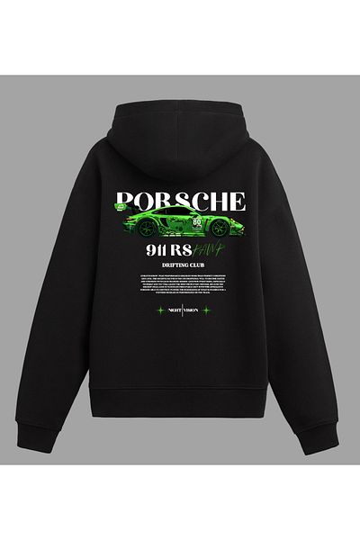 Edizen Porsche 911 Rs Raw Green Premium Hoodie Unisex Oversize 100% Cotton Black Hooded Sweatshirt