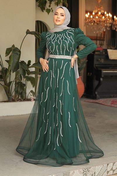 Neva Style Beaded Green Hijab Evening Dress 51912Y