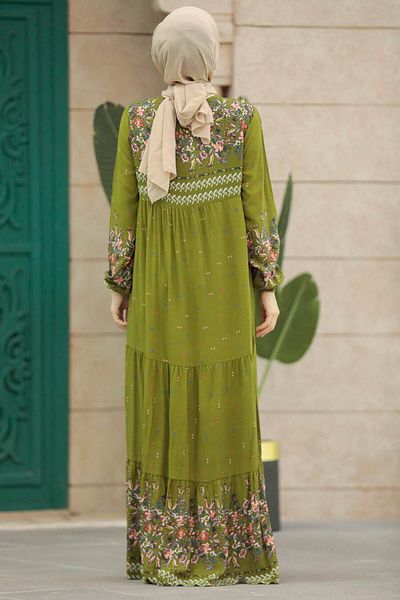 Neva Style Patterned Oil Green Hijab Dress 50095Yy