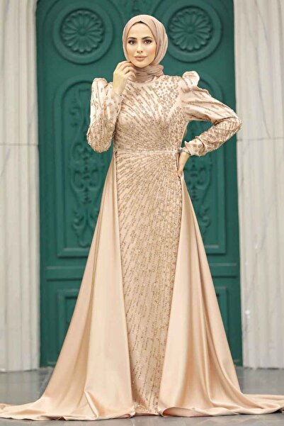 Neva Style Gold Hijab Satin Evening Dress with Tail 23310Gold