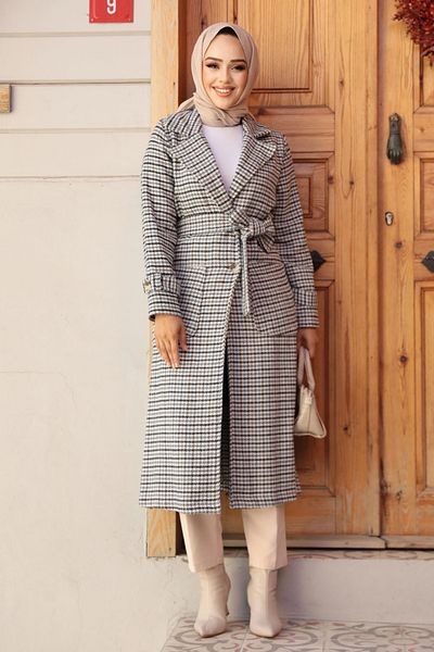 Neva Style - Capac Hijab Gri cu Motiv Houndstooth 5956gr