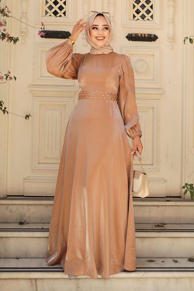Neva Style Βραδινό φόρεμα με χάντρες Camel Hijab 23301c