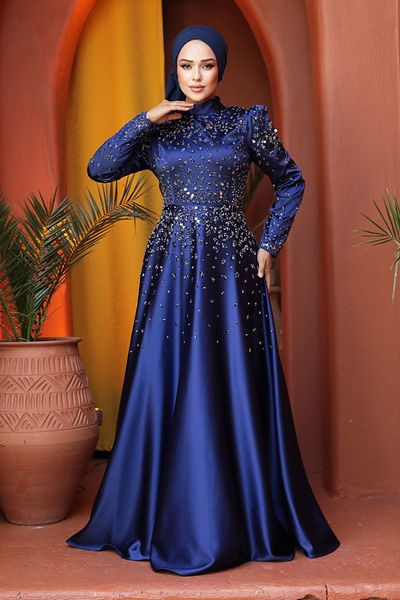 Neva Style Beaded Detailed Navy Blue Hijab Satin Evening Dress 25894L