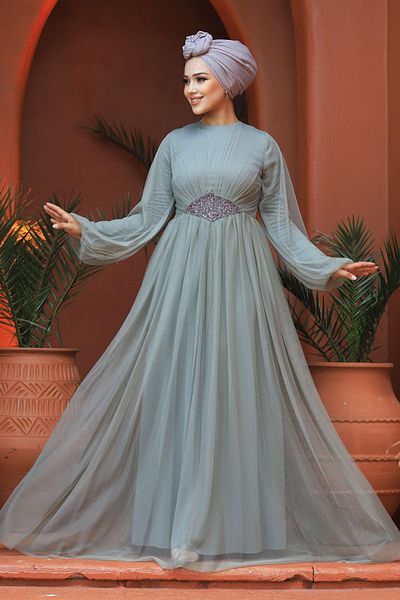 Neva Style Tulle Mint Hijab Evening Dress 54230mint
