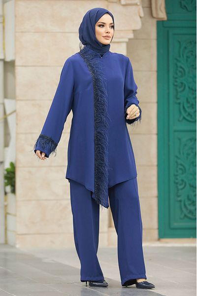 Neva Style طقم حجاب أزرق نيلي مزدوج بتفاصيل ريش 40025ım