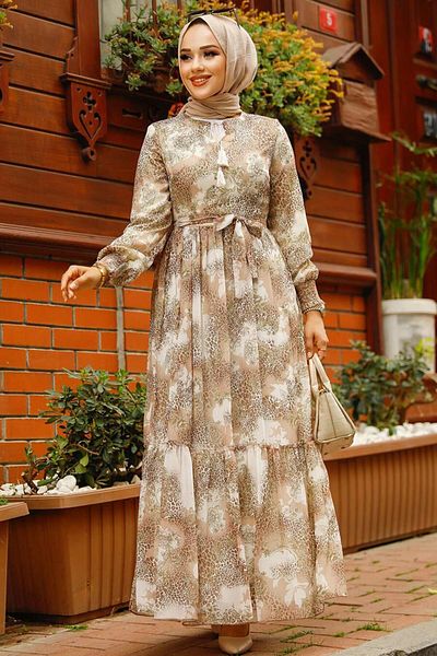 Neva Style Rochie Hijab Bej cu Motiv 33560bej