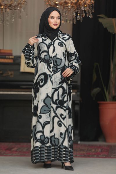 Neva Style Rochie musulmană neagră cu imprimeu floral 23171S
