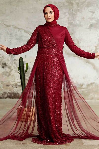 Neva Style Sequin Sequined Burgundy Hijab Evening Dress 5345Br