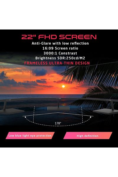 GAMEON شاشة ألعاب GB22F75 مقاس 22 بوصة، لوحة VA عالية الدقة، 75 هرتز، 5 مللي ثانية، HDMI 1.4، مكبرات صوت مدمجة، أسود