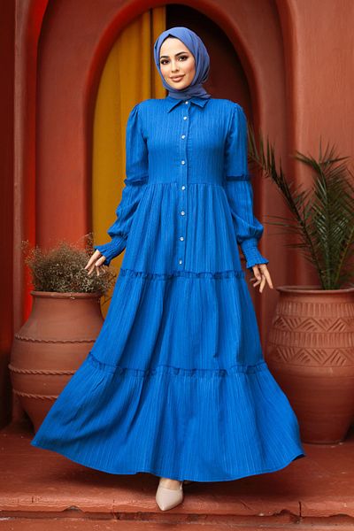 Neva Style فستان حجاب أزرق نيلي مطوي بطبقات 4421IM