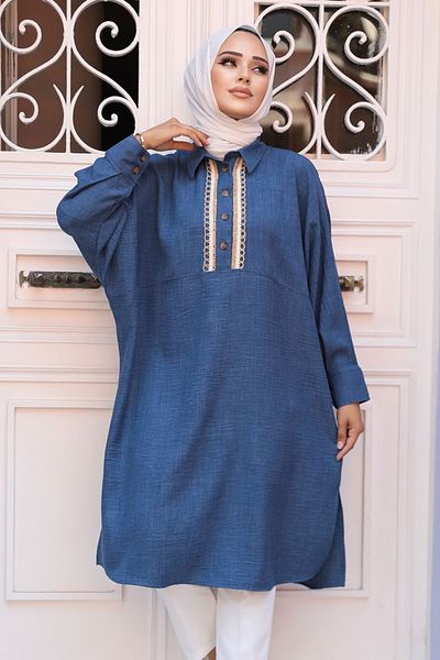 Neva Style تونيك حجاب باللون الأزرق النيلي - بأزرار 663ım