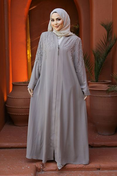 Neva Style Μπεζ Hijab Abaya - Κεντημένο με χάντρες, Μοντέλο 29110BEJ