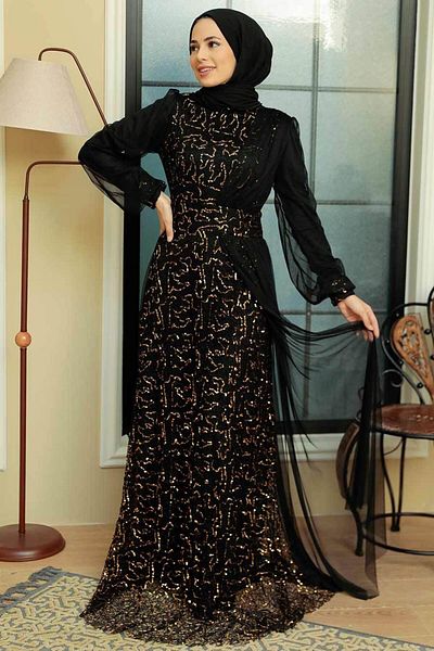 Neva Style Rochie de seara Hijab - Paiete Paiete Brodate Aur Rochie de seara Hijab 5696gold