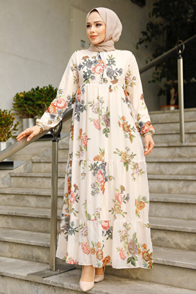 Neva Style Rochie Hijab Bej cu Motiv Floral 22052BEJ