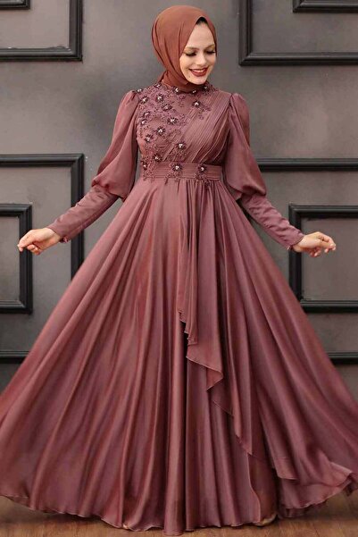 Neva Style Pearl Detailed Dark Copper Hijab Evening Dress 21930Kbkr