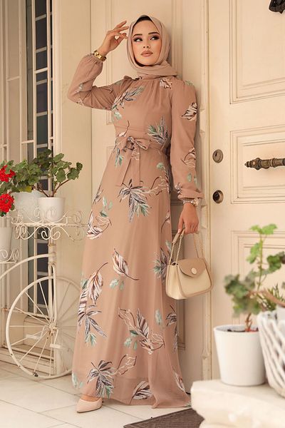 Neva Style Rochie Hijab Biscuit cu Motiv Frunze 279316 bs